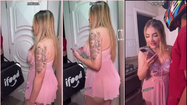 Barbie maravilhosa, a loira Aline Faria, se divertindo com o entregador do iFood