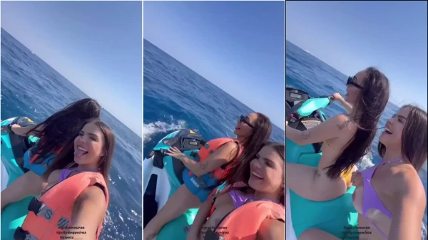 Grazi Mourão aparece em um vídeo dando um rolê de jet ski e exibindo os peitões!
