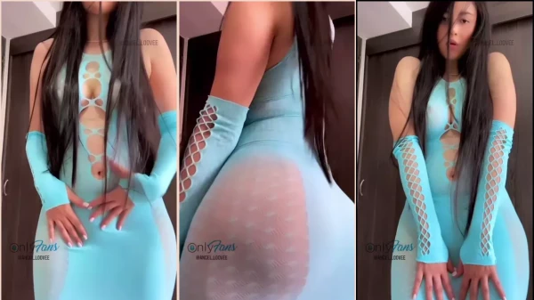 Angel do OnlyFans, linda de vestido azul, rebolando e soltando a sedução na dança